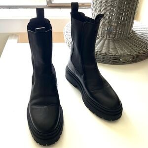 Zara Leather Lug Sole platform ankle chunky moto combat boots black 37 7 6.5